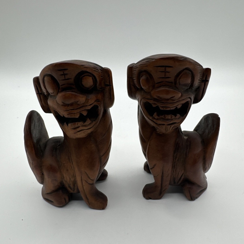 Vintage Pair Asian Guardian Lion Foo Dog Resin Figurines Dark Wood Look 4"